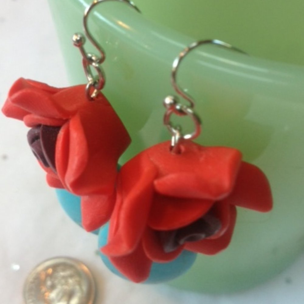 Pretty Boho Red Flower & Turquoise Dangle Earrings - Picture 6 of 6